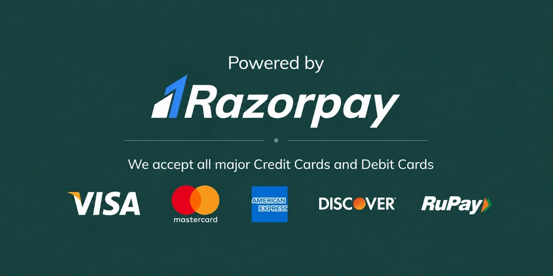 Powered by Razorpay — we accept Visa, Mastercard, American Express, Discover and RuPay